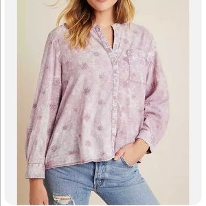 Anthropologie Pilcro embroidered lilac trapeze button-down blouse